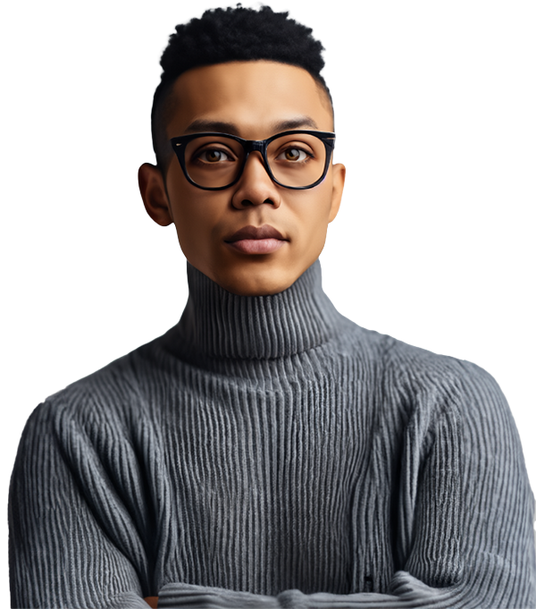A man in a grey turtleneck wearing glasses and looking at the camera